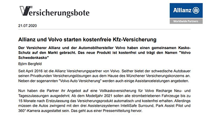 Intro-Bild: Allianz und Volvo starten kostenfreie Kfz-Versicherung